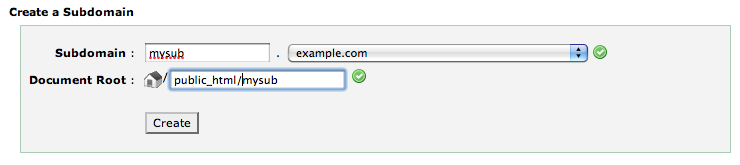 cPanel subdomain screen.